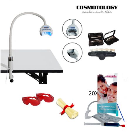 Startpakket Basic voor Tanden Bleken met tafelmodel tandenbleeklamp, shadeguide, 20 bleeksets en diploma